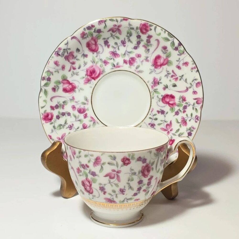Pink Flowers Chintz Teacup and Saucer Vintage